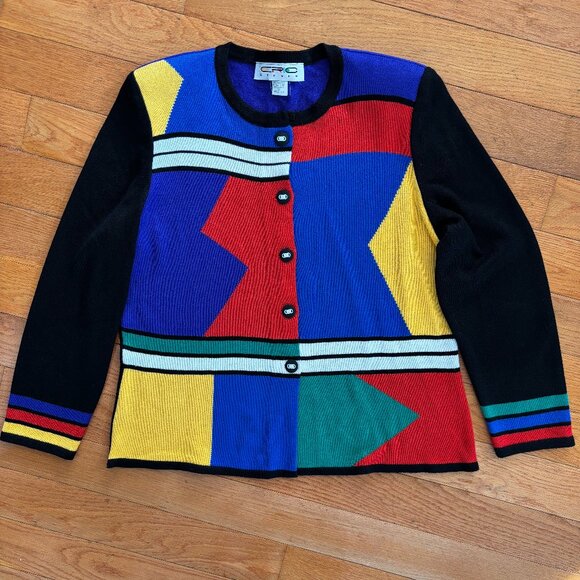 VTG Eric Steven Sweater Womens 14 Geometric Colorblock Button‎ Cardigan USA 90's - Picture 1 of 7